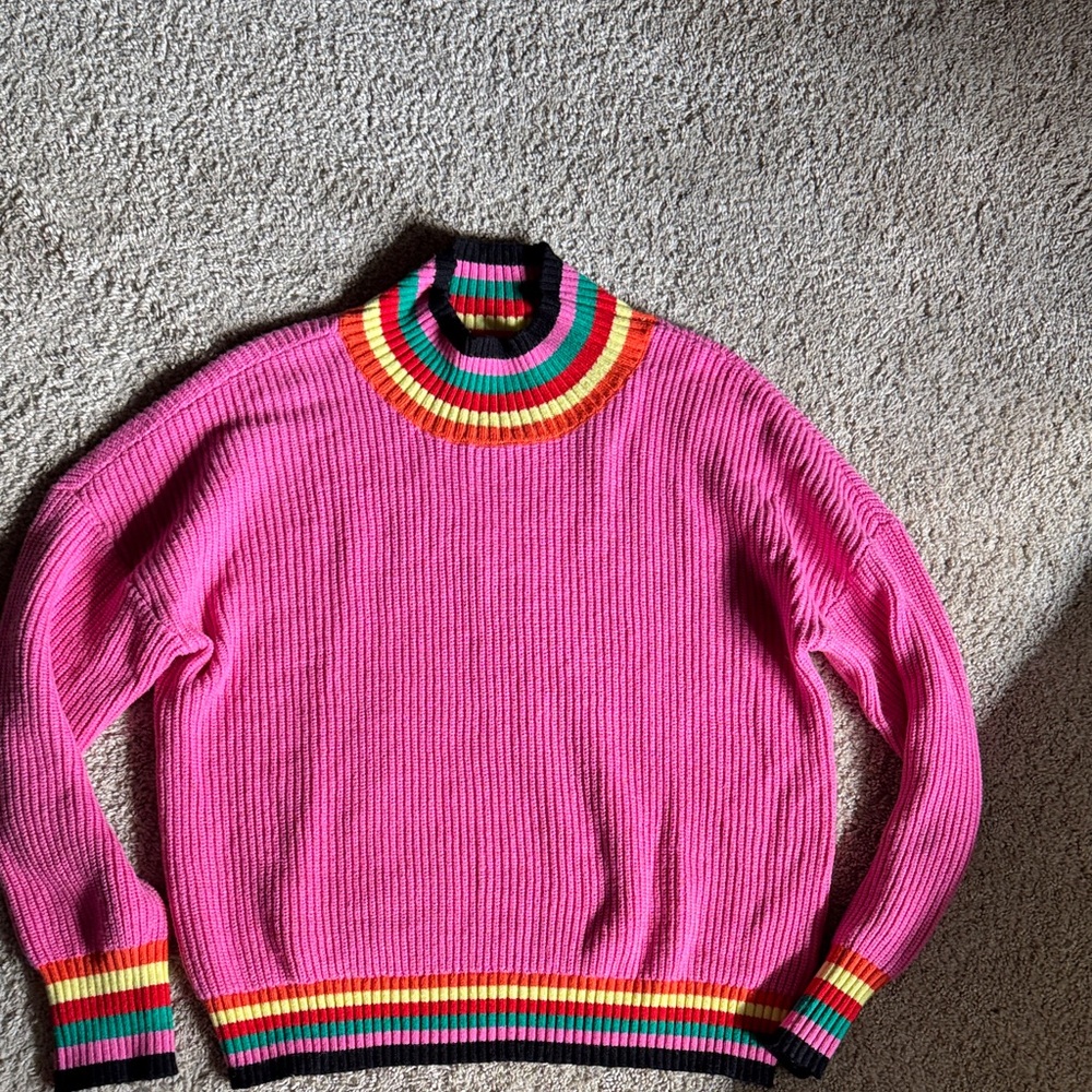 Pink Ribbed Crewneck Sweater with Rainbow Trim